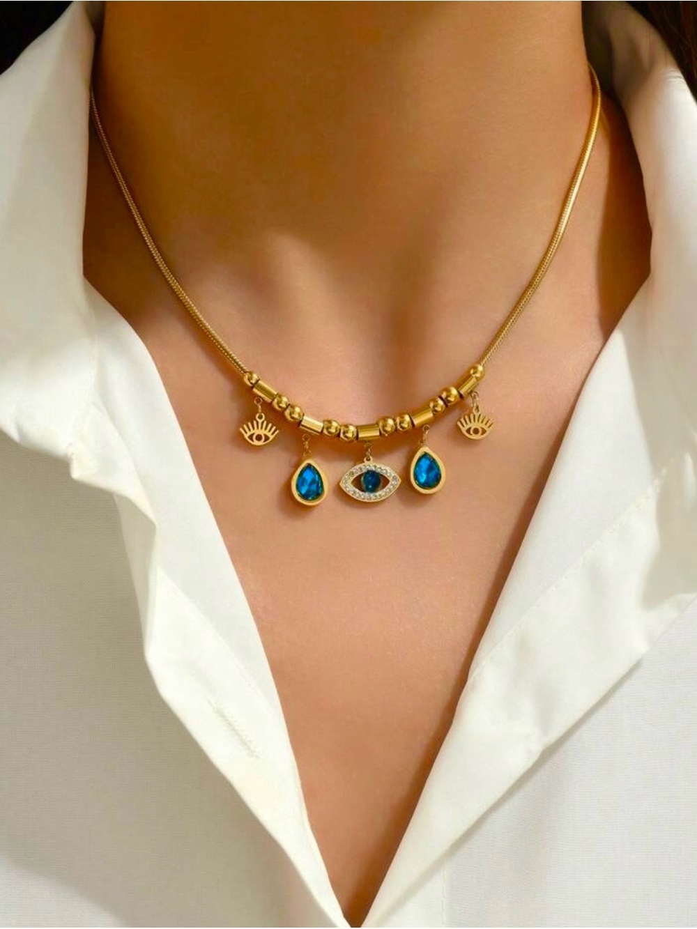 Stainless steel Evil Eye Necklace with Blue Gemstone Accents